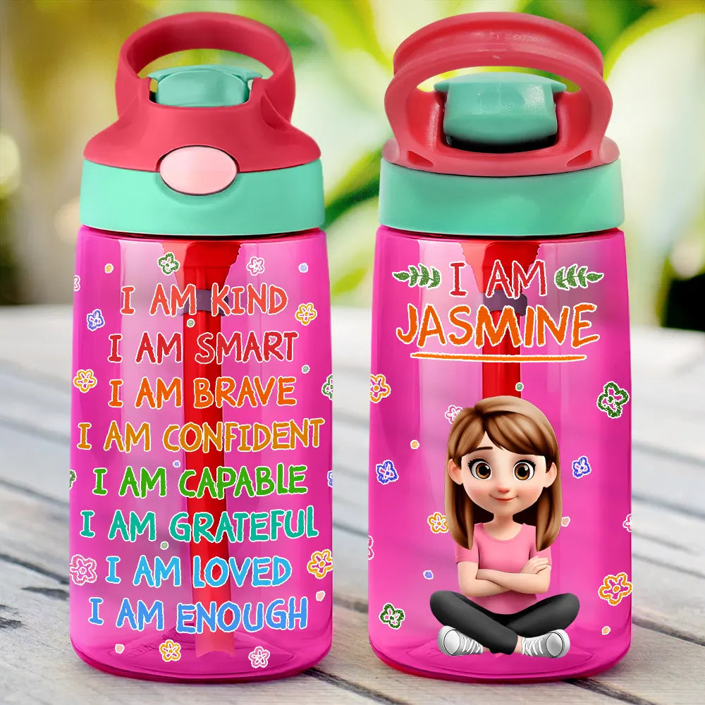 Gift For Kids,Gift For Grandkids,Grandpa - Grandkids,Grandma - Grandkids,Happy - I Am Kind I Am Smart - Personalized Kids Water Bottle With Straw