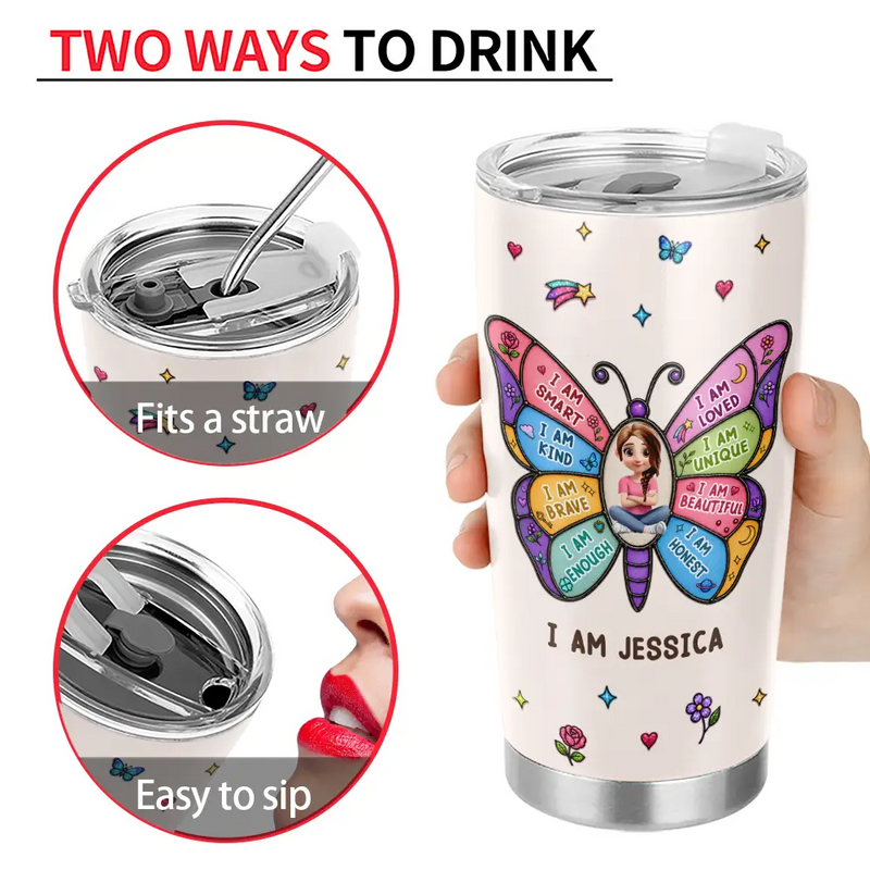 Back To School, Gift For Kids, Adorable, Vector - I Am Smart Kind Brave Butterfly - Personalized Tumbler