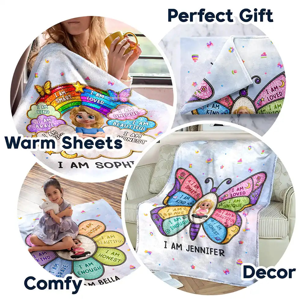 Gift For Kids, Adorable, Vector - I Am Smart Kind Brave Butterfly Flower Rainbow - Personalized Fleece Blanket, Sherpa Blanket
