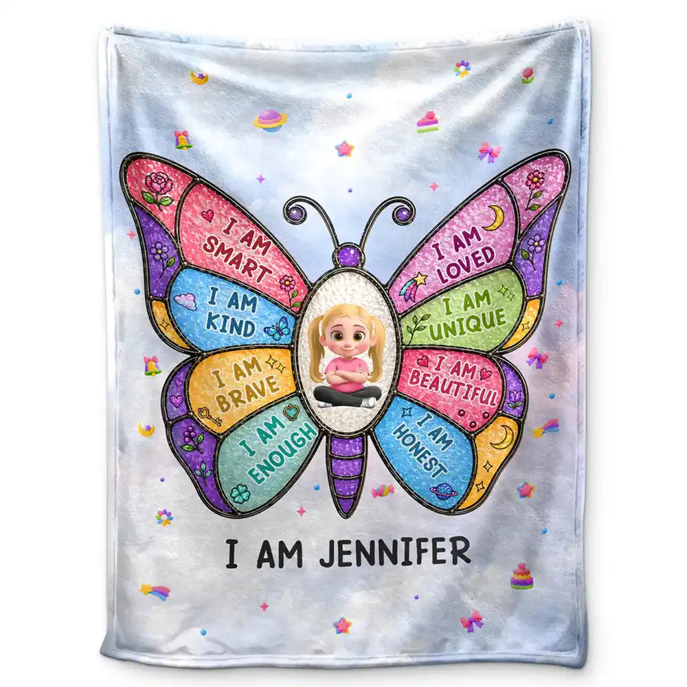 Gift For Kids, Adorable, Vector - I Am Smart Kind Brave Butterfly Flower Rainbow - Personalized Fleece Blanket, Sherpa Blanket