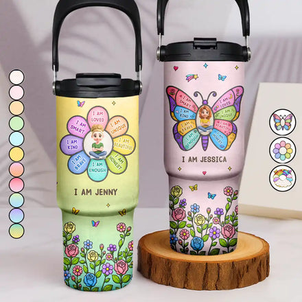I Am Smart Kind Brave Butterfly Flower Rainbow - Personalized 30oz Tumbler With Handle