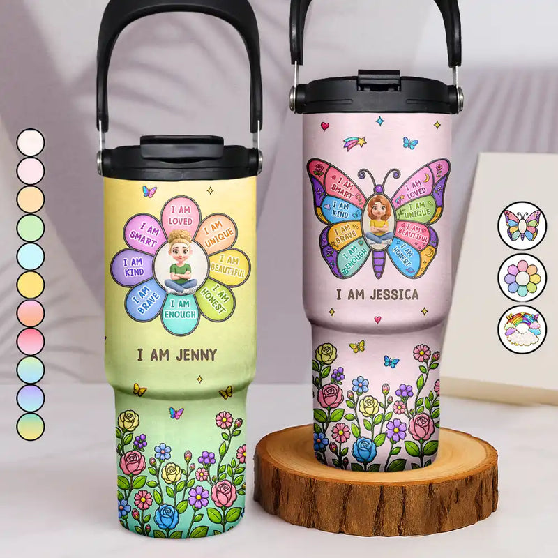 Adorable, Back To School, Gift For Kids, Vector - I Am Smart Kind Brave Butterfly Flower Rainbow - Personalized 30oz Tumbler With Handle