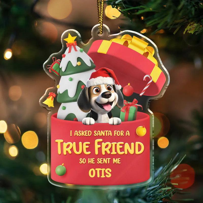 Pet Lovers,Pet Mom,Pet Dad,Dog Lovers,Dog Mom,Dog Dad,Cat Lovers,Cat Mom,Cat Dad,Gift For Women,Gift For Men,Christmas,Happy - I Asked Santa For A True Friend Dog Cat 3D Effect - Personalized Custom Shaped Acrylic Ornament