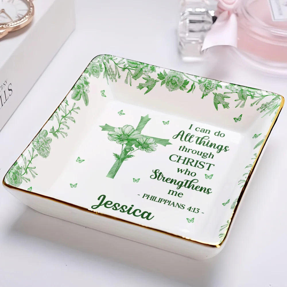 Christian,Gift For Yourself,Christmas - I Can Do All Things Through Christ Who Strengthens Me Toile Flower - Personalized Ring Dish