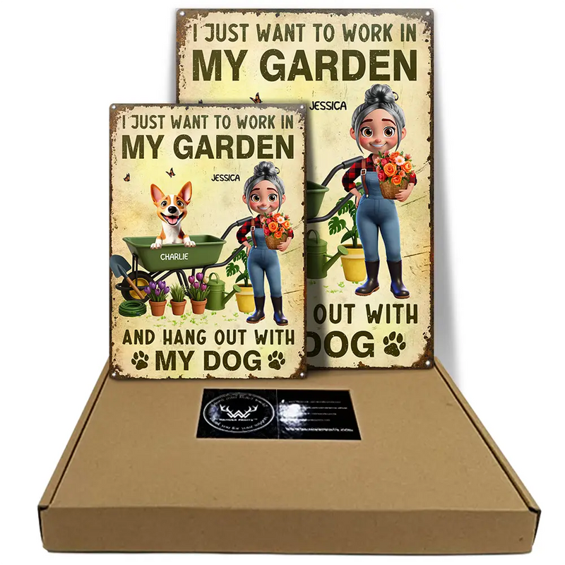 Gardening, Gift For Women, Happy, Pet Lovers, Pet Mom, Dog Lovers, Dog Mom - I Just Want To Work In My Garden - Personalized Classic Metal Signs