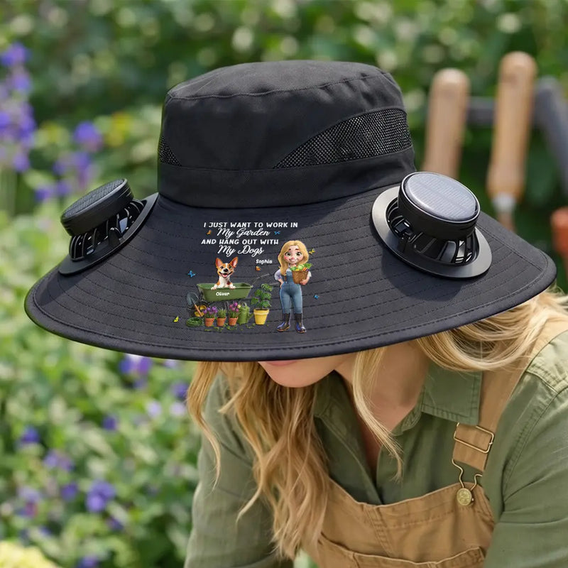 Gift For Yourself,Gift For Women,Gift For Men,Gift For Mother,Gift For Father,Gardening,Happy,Dog Lovers,Dog Mom,Dog Dad,Vector - I Just Want To Work In My Garden - Personalized Solar Fan Hat