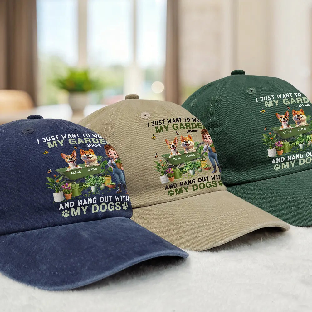 Gardening,Gift For Women,Gift For Men,Pet Lovers,Pet Mom,Pet Dad,Dog Lovers,Dog Mom,Dog Dad,Happy - I Just Want To Work In My Garden - Personalized Vintage Washed Denim Cap
