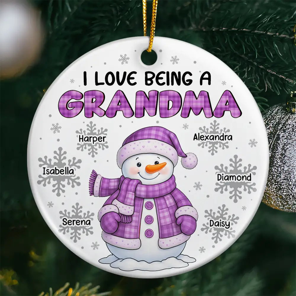 I Love Being A Grandma Snowman - Personalized Circle Ceramic Ornament