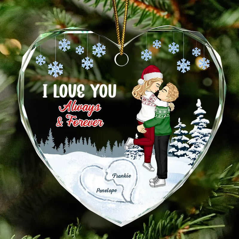 Christmas,Gift For Couples,Love,Happy,Gift For Women,Gift For Men - I Love You Always & Forever - Personalized Heart Shaped Glass Ornament
