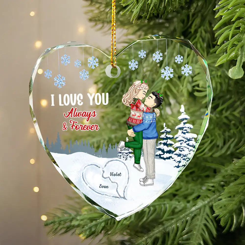 Christmas,Gift For Couples,Love,Happy,Gift For Women,Gift For Men - I Love You Always & Forever - Personalized Heart Shaped Glass Ornament