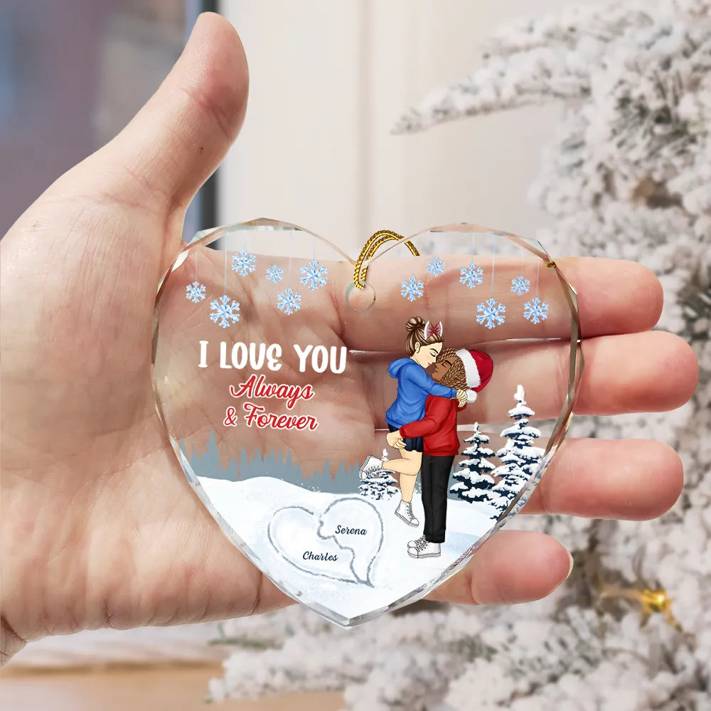 Christmas,Gift For Couples,Love,Happy,Gift For Women,Gift For Men - I Love You Always & Forever - Personalized Heart Shaped Glass Ornament