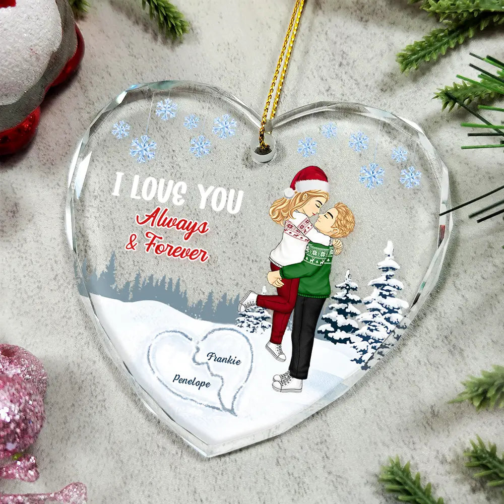 Christmas,Gift For Couples,Love,Happy,Gift For Women,Gift For Men - I Love You Always & Forever - Personalized Heart Shaped Glass Ornament
