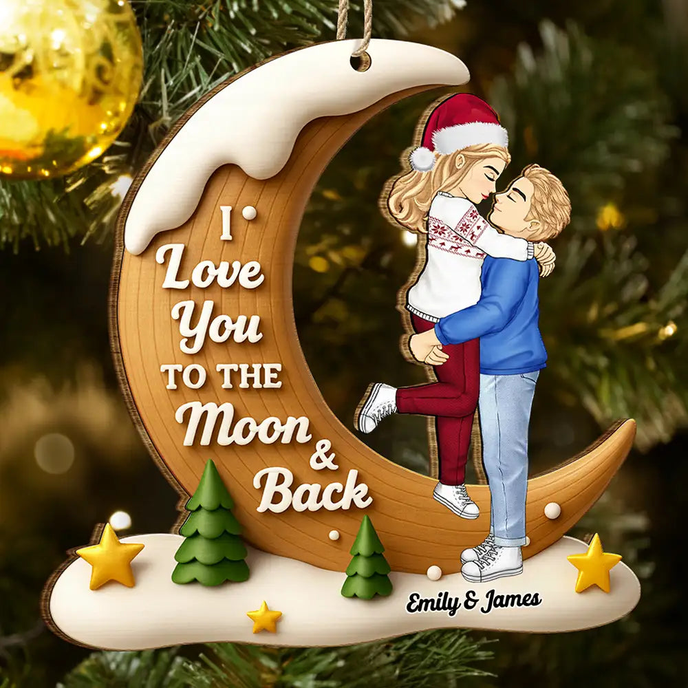 Gift For Couples, Christmas, Love - I Love You To The Moon And Back - Personalized Custom Shaped Wooden Ornament