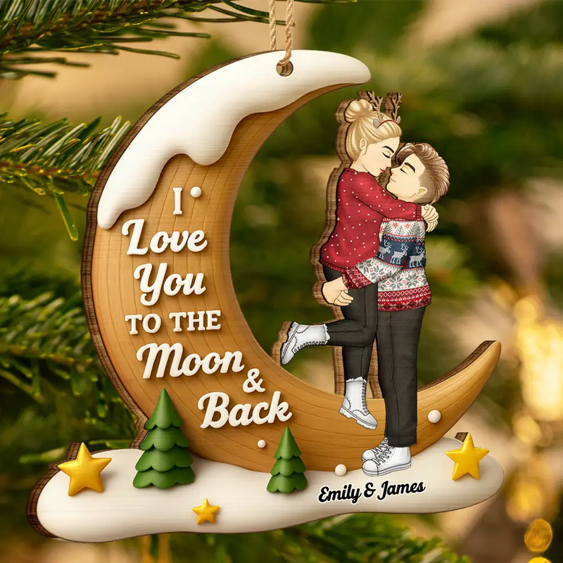 Gift For Couples, Christmas, Love - I Love You To The Moon And Back - Personalized Custom Shaped Wooden Ornament