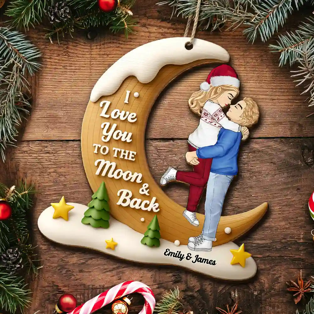 Gift For Couples, Christmas, Love - I Love You To The Moon And Back - Personalized Custom Shaped Wooden Ornament