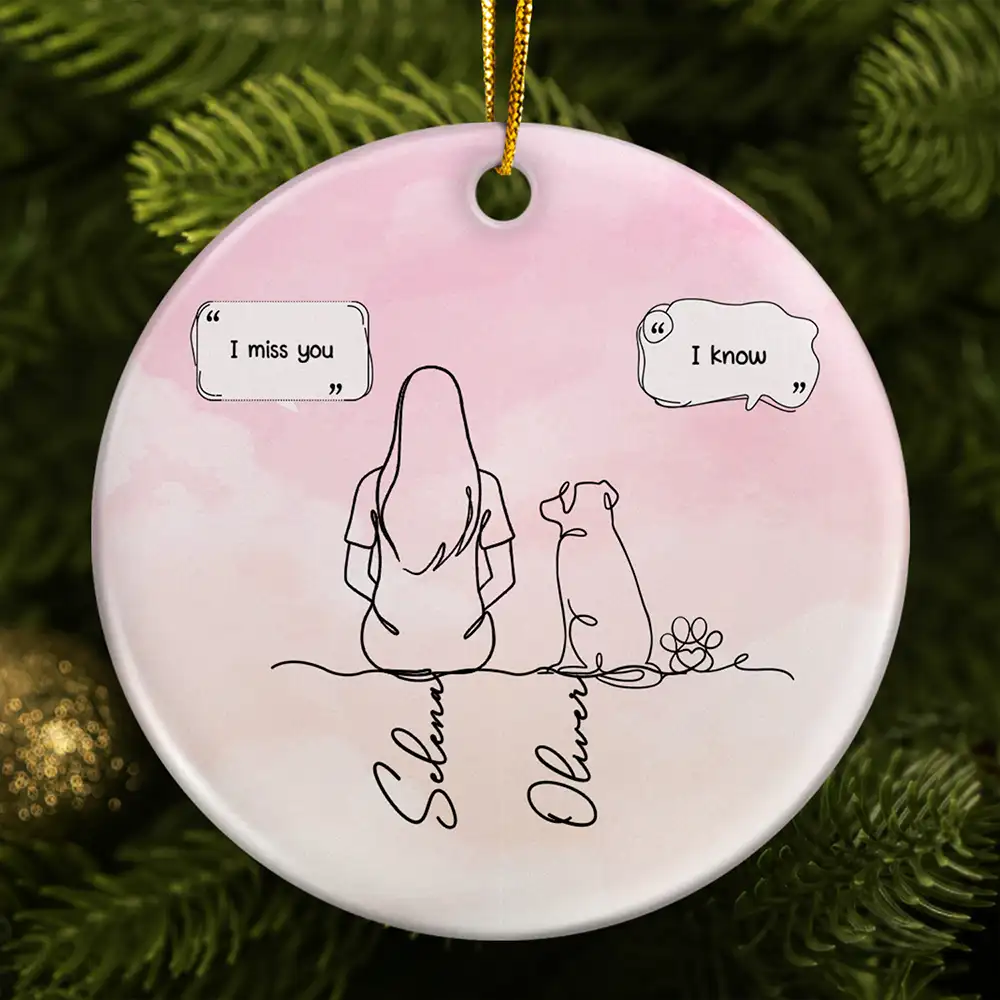Sentimental,Christmas,Pet Lovers,Memorial,Vector - I Miss You Memorial Dog Cat Line Art - Personalized Circle Ceramic Ornament
