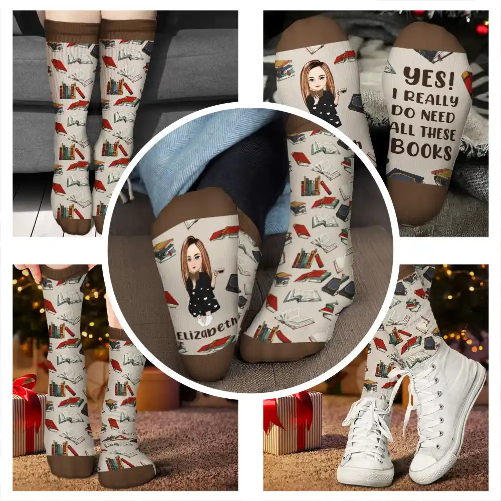 Gift For Yourself, Gift For Women, Reading, Happy, Gift For Men, Christmas - I Really Do Need All These Books - Personalized Socks