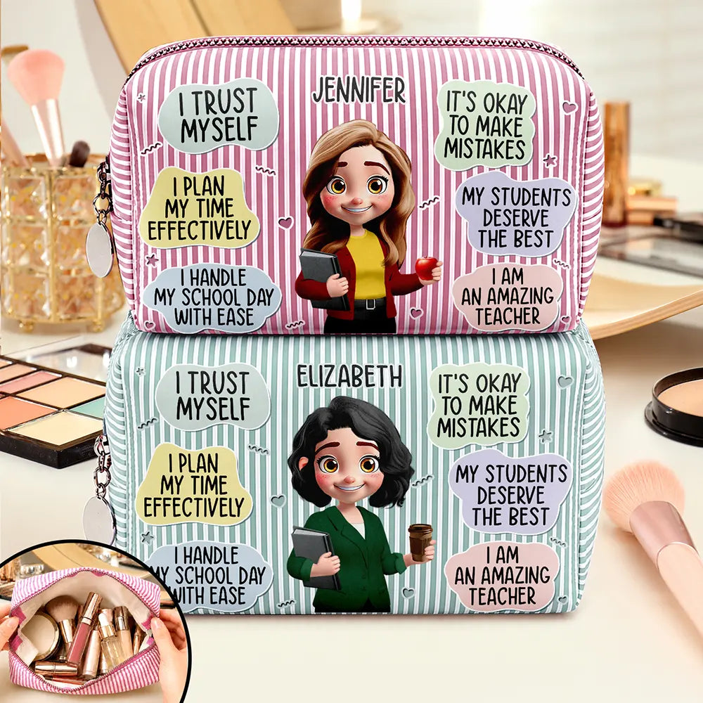I Trust Myself Teacher Daily Affirmations - Personalized Striped Cosmetic Bag