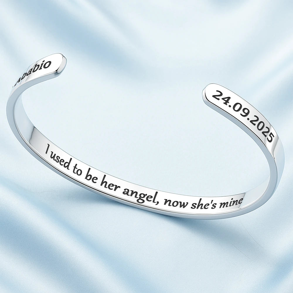 Memorial, Family, Parents, Gift For Grandparents, Sad - I Used To Be His Angel Now He's Mine Memorial - Personalized Bangle Bracelet Cuff