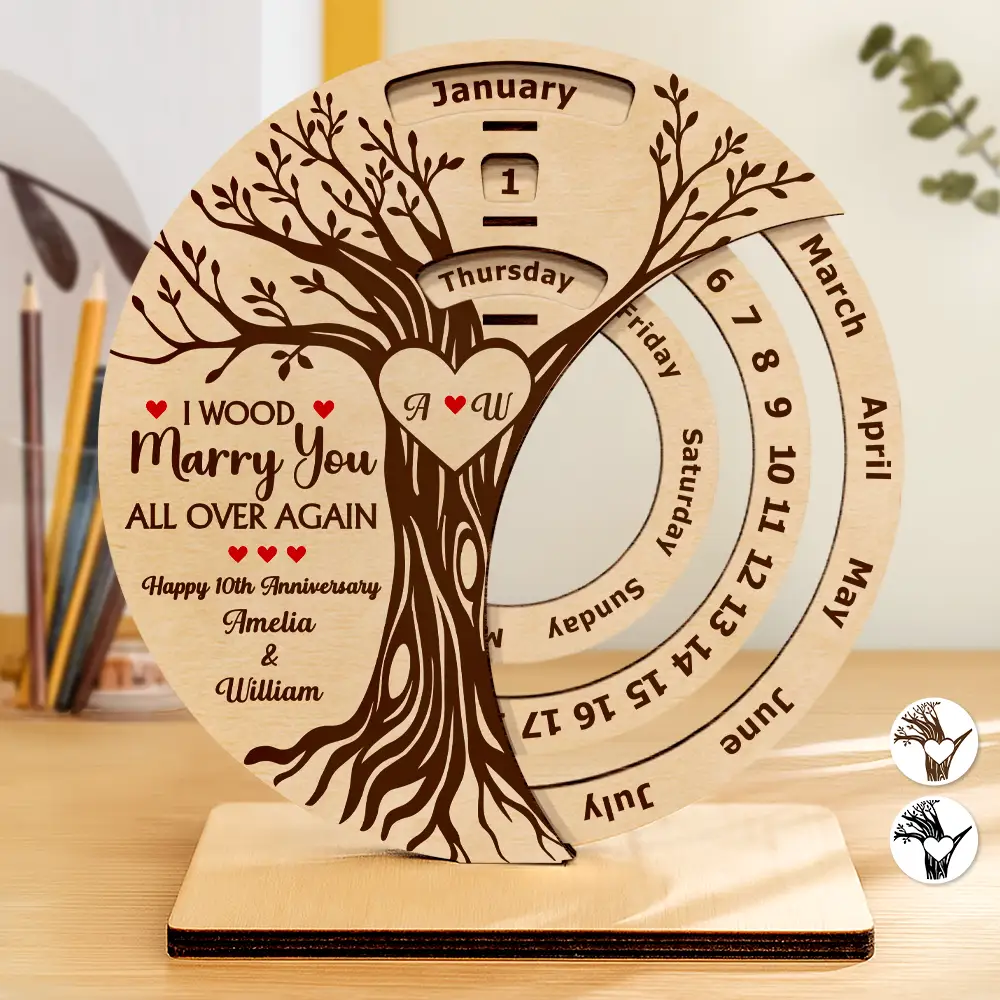 Gift For Couples,Gift For Husband,Gift For Wife,Gift For Boyfriend,Gift For Girlfriend,Love - I Wood Marry You All Over Again - Personalized Spinning Perpetual Desk Calendar