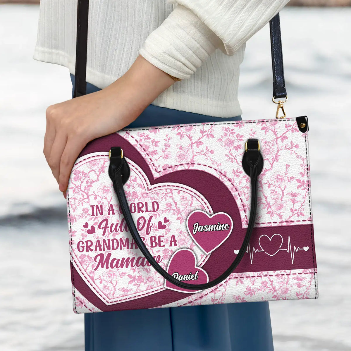 Gift For Grandma,Grandma - Grandkids,Grandma's Hobby,Happy - In The World Full Of Grandmas Toile De Jouy Heart Icon - Personalized Leather Bag
