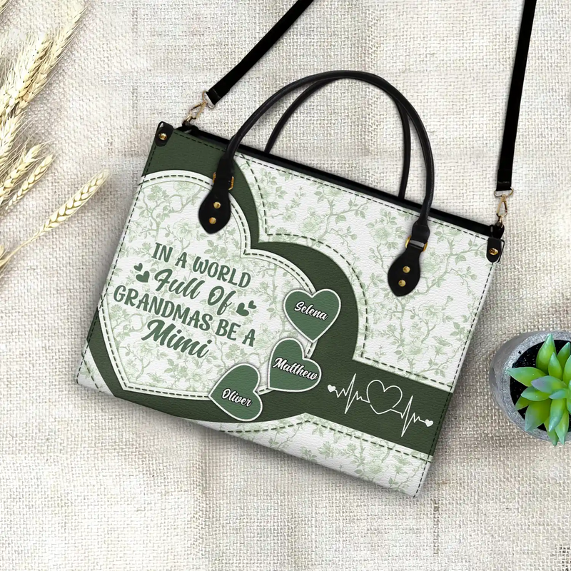 Gift For Grandma,Grandma - Grandkids,Grandma's Hobby,Happy - In The World Full Of Grandmas Toile De Jouy Heart Icon - Personalized Leather Bag