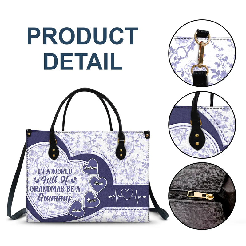 Gift For Grandma,Grandma - Grandkids,Grandma's Hobby,Happy - In The World Full Of Grandmas Toile De Jouy Heart Icon - Personalized Leather Bag
