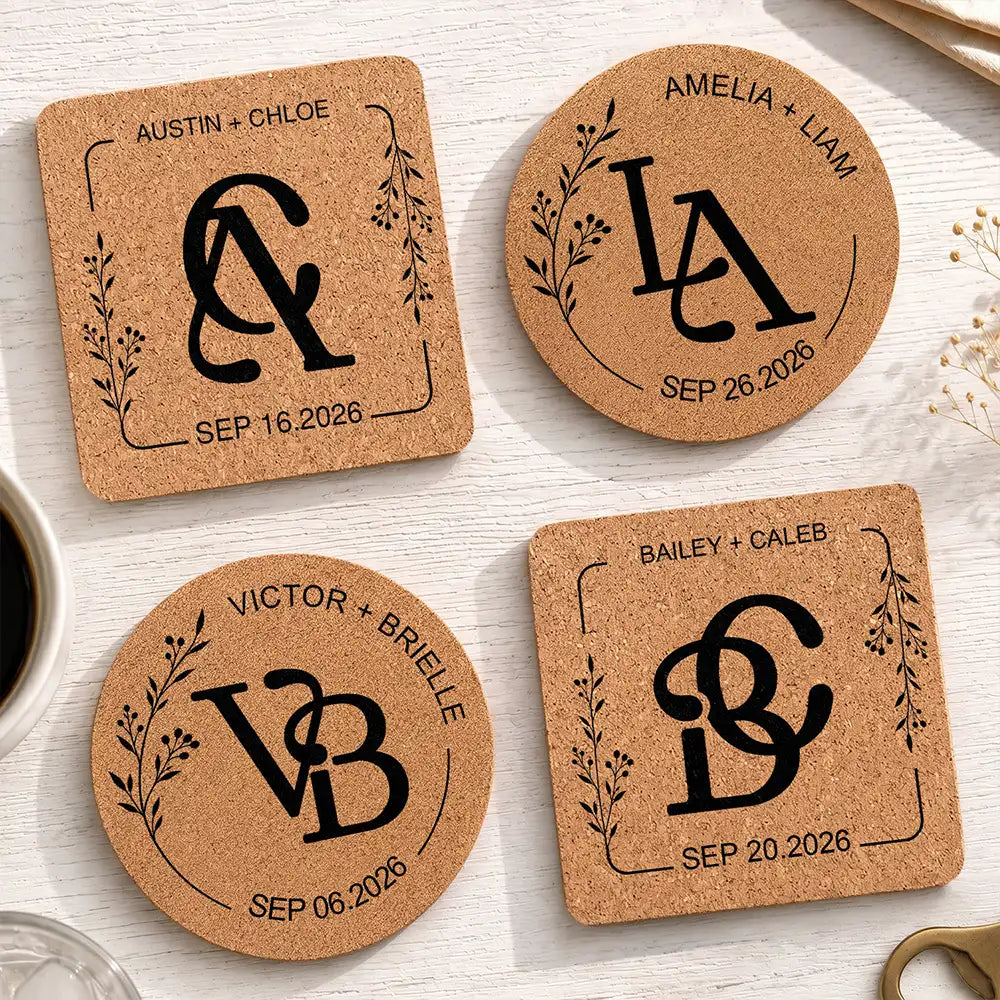 Intertwined Monogram Wedding Couple Name - Personalized Cork Coaster