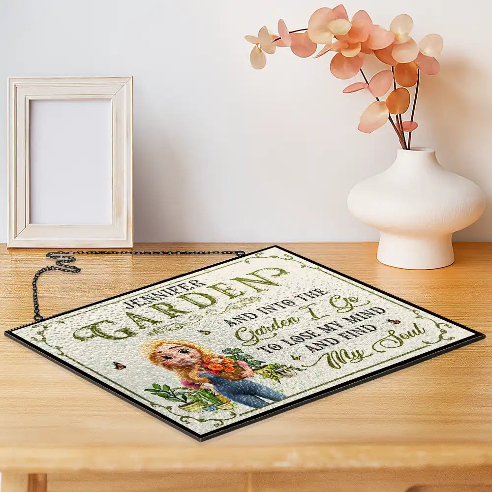 Gardening,Gift For Women,Love - Into The Garden I Go 3D Effect Gardening Woman - Personalized Horizontal Stained Glass Suncatcher