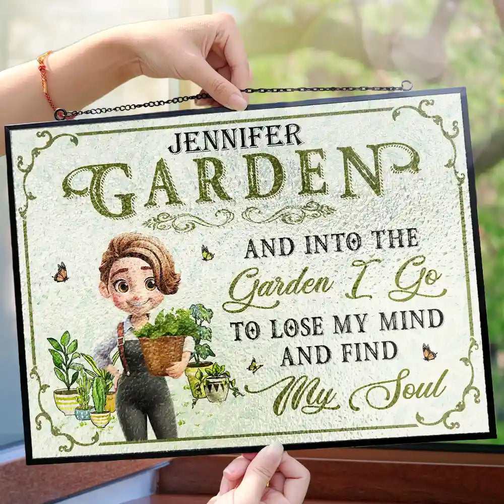 Gardening,Gift For Women,Love - Into The Garden I Go 3D Effect Gardening Woman - Personalized Horizontal Stained Glass Suncatcher