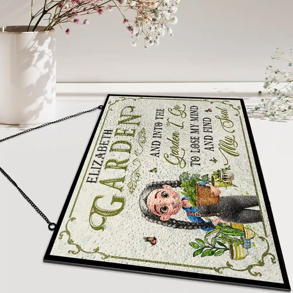 Gardening,Gift For Women,Love - Into The Garden I Go 3D Effect Gardening Woman - Personalized Horizontal Stained Glass Suncatcher