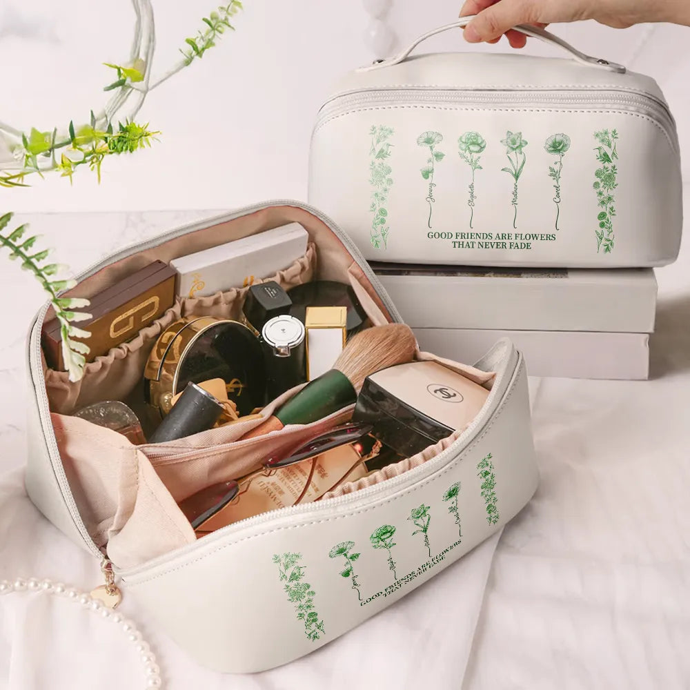 Gift For Bestie,Old Best friends,Happy - It Takes A Long Times To Grow An Old Best Friends Toile De Jouy Pattern - Personalized Leather Makeup Bag
