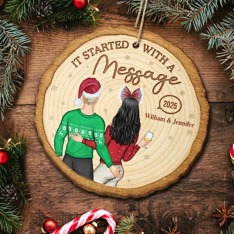 It Started With A Message Online Dating Couple - Personalized Custom Shaped Wooden Ornament