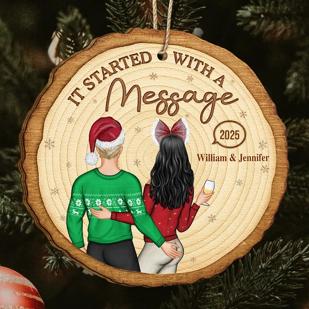 Christmas, Gift For Couples, Gift For Husband, Gift For Wife, Happy - It Started With A Message Online Dating Couple - Personalized Custom Shaped Wooden Ornament
