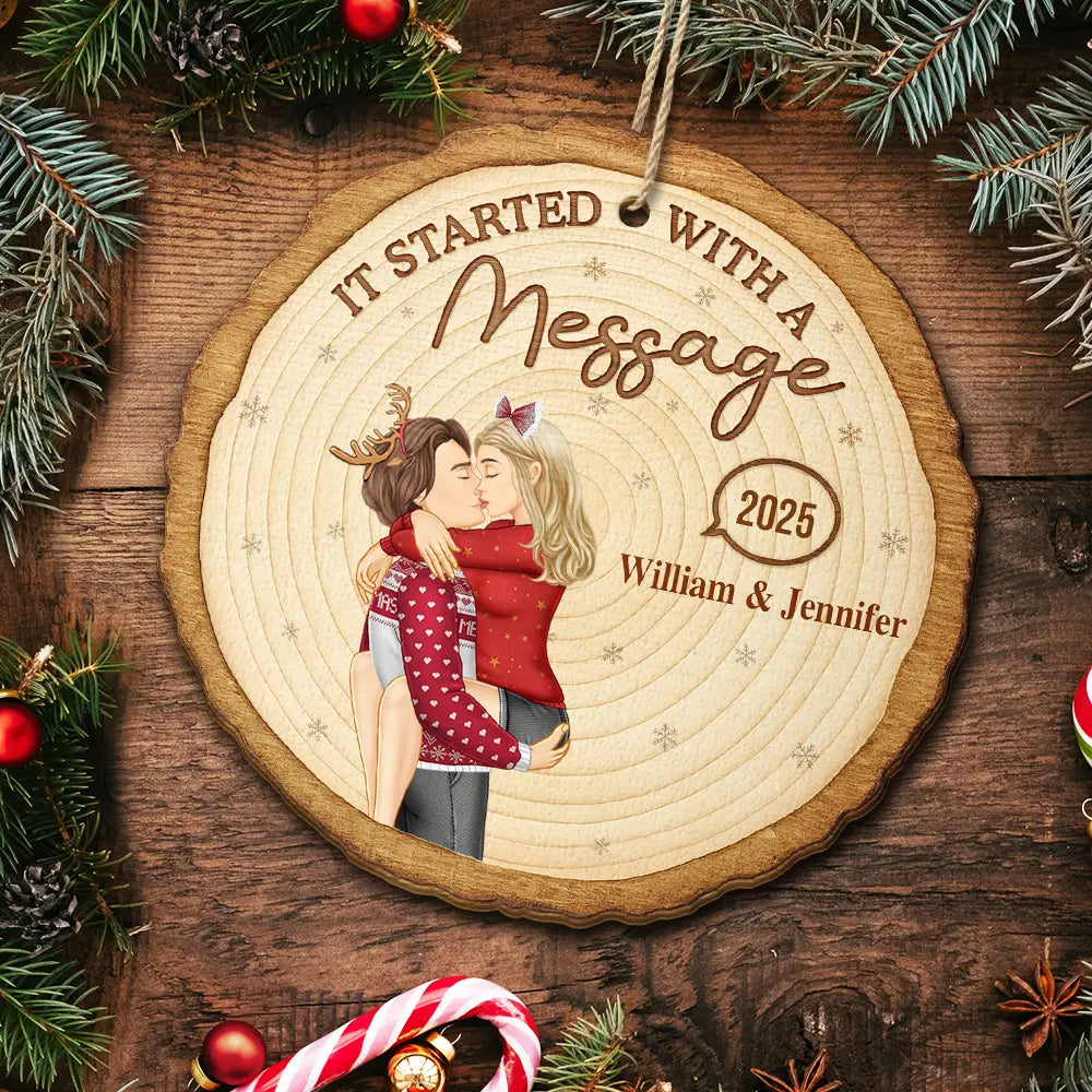 Christmas, Gift For Couples, Gift For Husband, Gift For Wife, Gift For Boyfriend, Gift For Girlfriend, Happy - It Started With A Message Online Dating Couple Side View - Personalized Custom Shaped Wooden Ornament