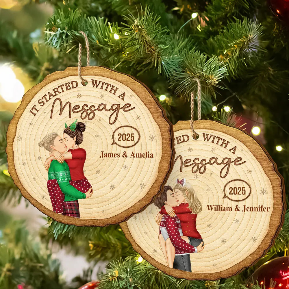 Christmas, Gift For Couples, Gift For Husband, Gift For Wife, Gift For Boyfriend, Gift For Girlfriend, Happy - It Started With A Message Online Dating Couple Side View - Personalized Custom Shaped Wooden Ornament