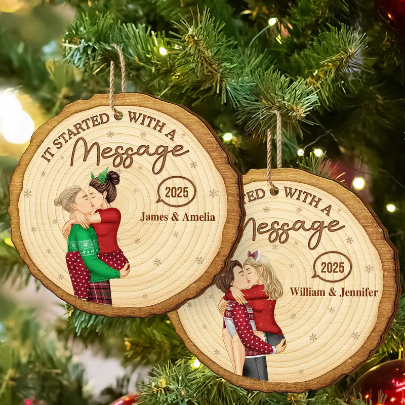 Christmas, Gift For Couples, Gift For Husband, Gift For Wife, Gift For Boyfriend, Gift For Girlfriend, Happy - It Started With A Message Online Dating Couple Side View - Personalized Custom Shaped Wooden Ornament
