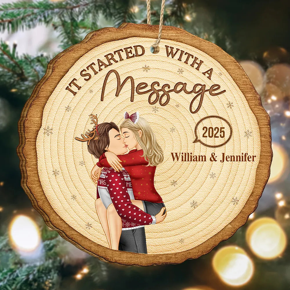 It Started With A Message Online Dating Couple Side View - Personalized Custom Shaped Wooden Ornament