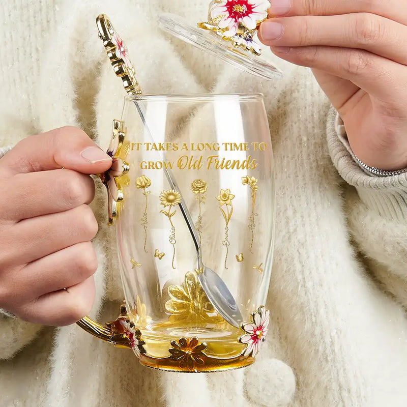 Gift For Bestie, Old Best friends, Gift For Sisters, Happy - It Takes A Long Time To Grow Old Friends - Personalized Glass Flower Tea Cup