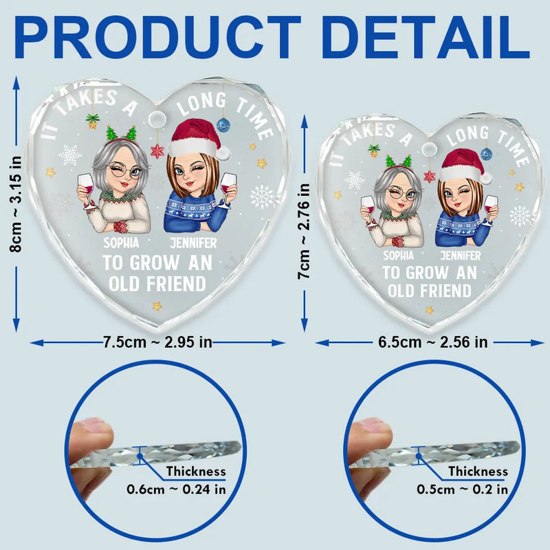 Gift For Bestie, Gifts For Colleagues, Gift For Sisters - It Takes A Long Time To Grow An Old Friend Christmas - Personalized Heart Shaped Glass Ornament