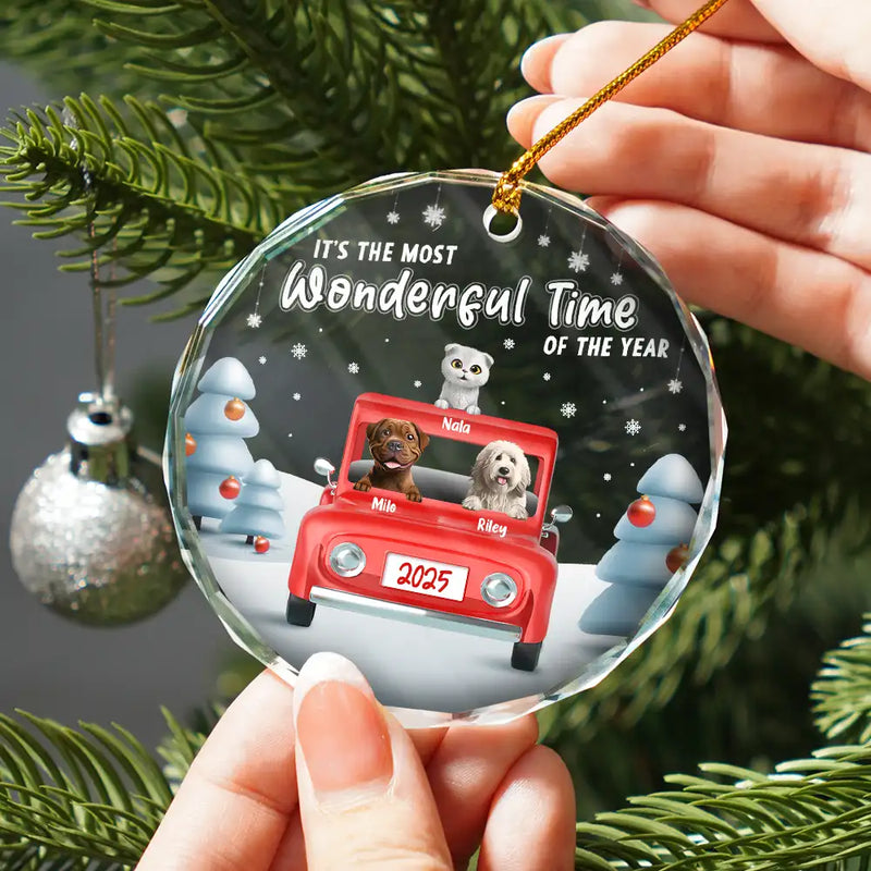 Pet Lovers, Pet Mom, Pet Dad, Pet Couple, Happy, Christmas - It's The Most Wonderful Time Of The Year - Personalized Circle Glass Ornament