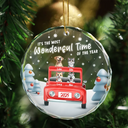 Pet Lovers, Pet Mom, Pet Dad, Pet Couple, Happy, Christmas - It's The Most Wonderful Time Of The Year - Personalized Circle Glass Ornament