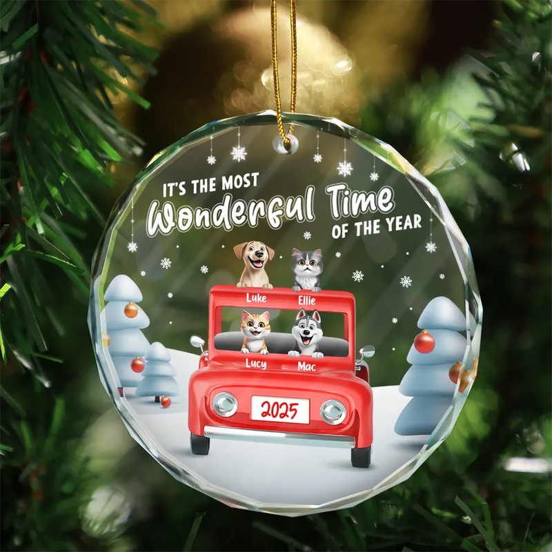 Pet Lovers, Pet Mom, Pet Dad, Pet Couple, Happy, Christmas - It's The Most Wonderful Time Of The Year - Personalized Circle Glass Ornament
