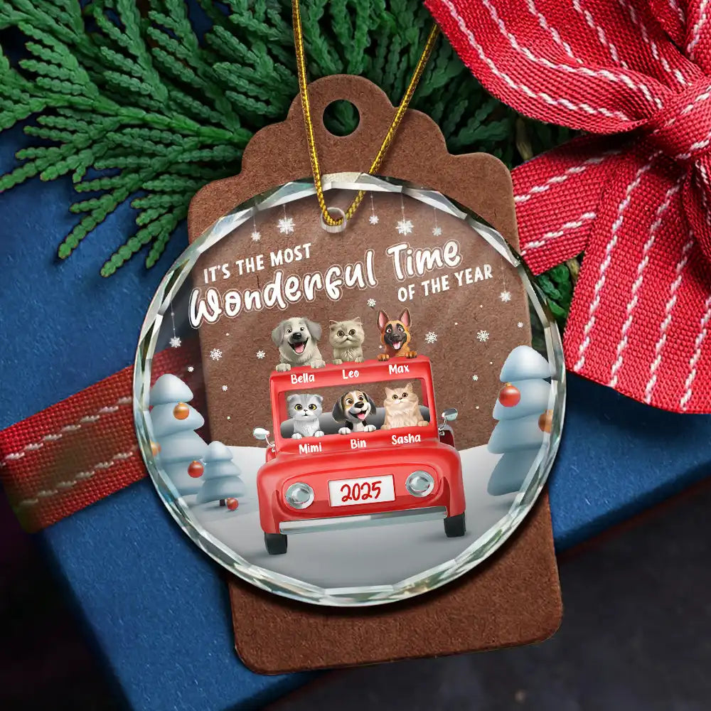 Pet Lovers, Pet Mom, Pet Dad, Pet Couple, Happy, Christmas - It's The Most Wonderful Time Of The Year - Personalized Circle Glass Ornament