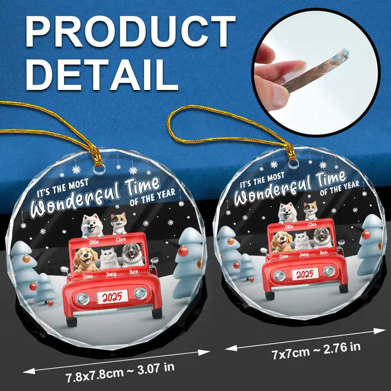 Pet Lovers, Pet Mom, Pet Dad, Pet Couple, Happy, Christmas - It's The Most Wonderful Time Of The Year - Personalized Circle Glass Ornament