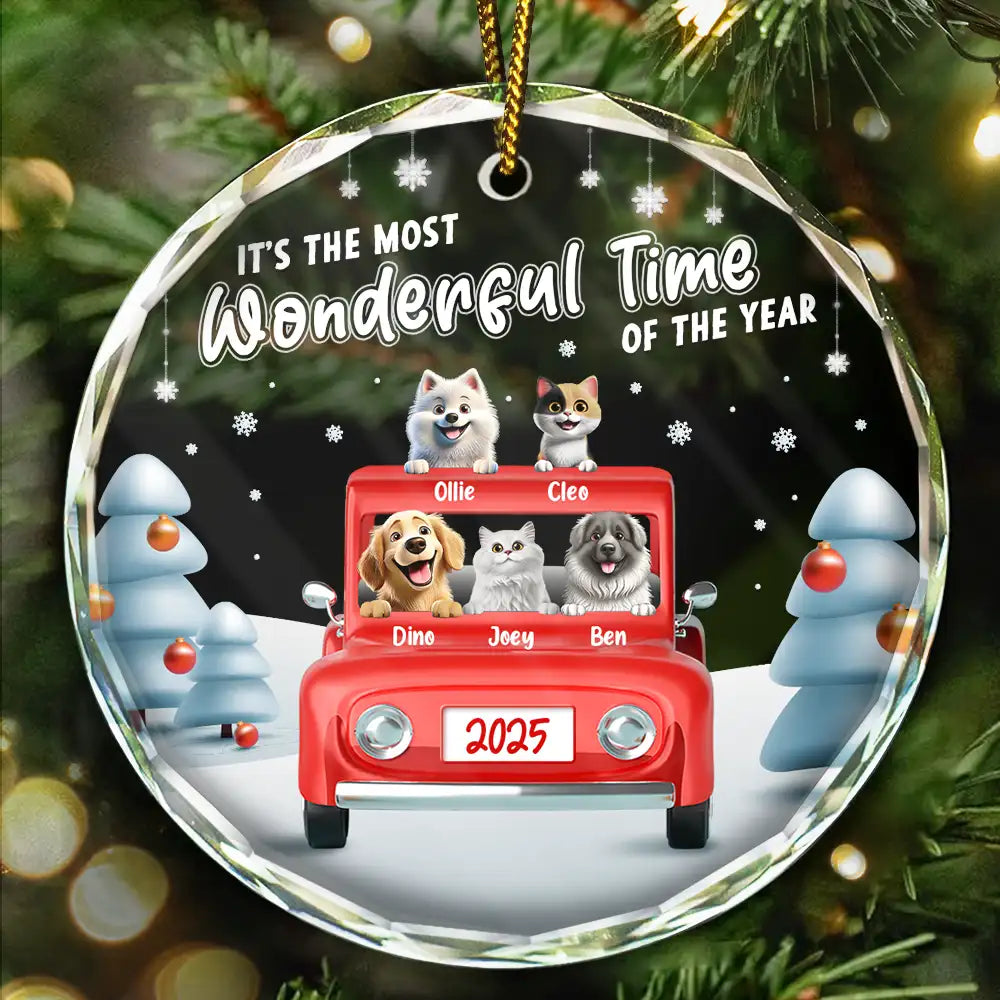 Pet Lovers, Pet Mom, Pet Dad, Pet Couple, Happy, Christmas - It's The Most Wonderful Time Of The Year - Personalized Circle Glass Ornament