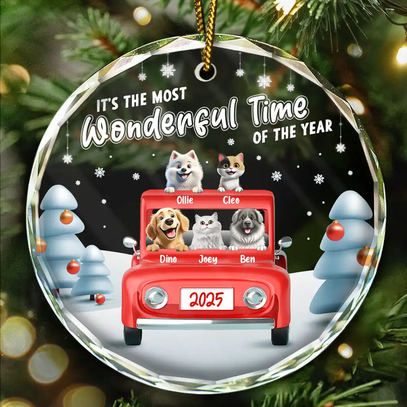 Pet Lovers, Pet Mom, Pet Dad, Pet Couple, Happy, Christmas - It's The Most Wonderful Time Of The Year - Personalized Circle Glass Ornament