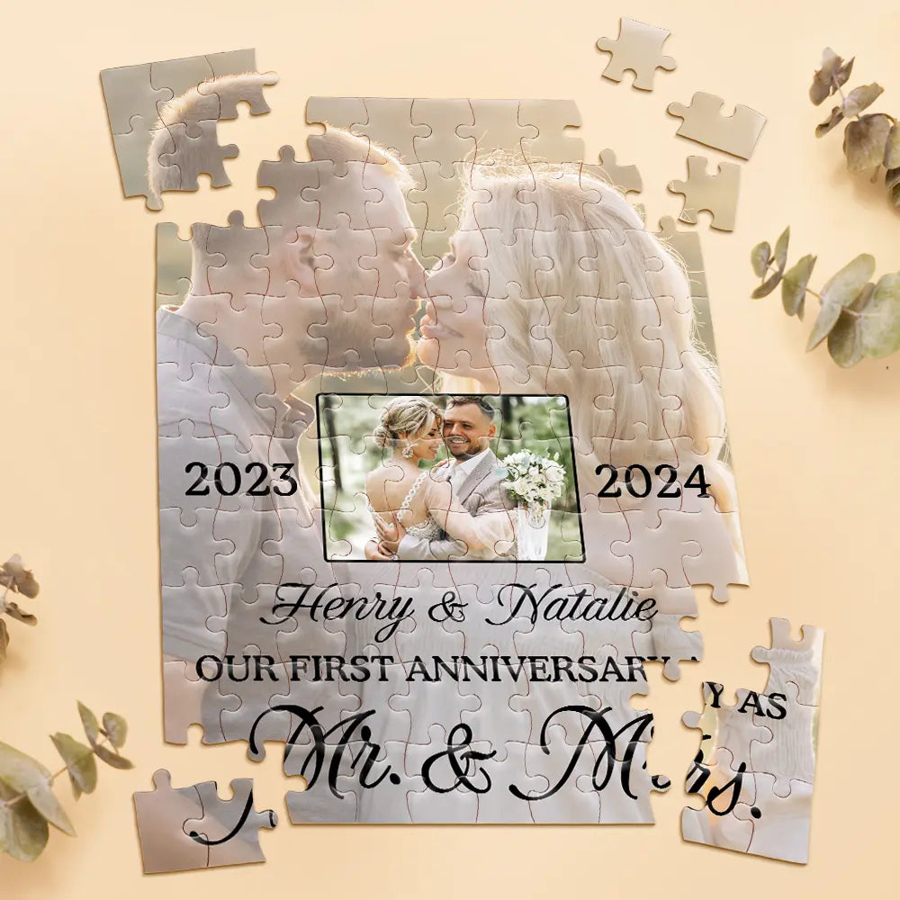 Gift For Couples, Gift For Husband, Gift For Wife - Custom Photo Our First Anniversary As Mr. & Mrs. - Personalized Jigsaw Puzzle