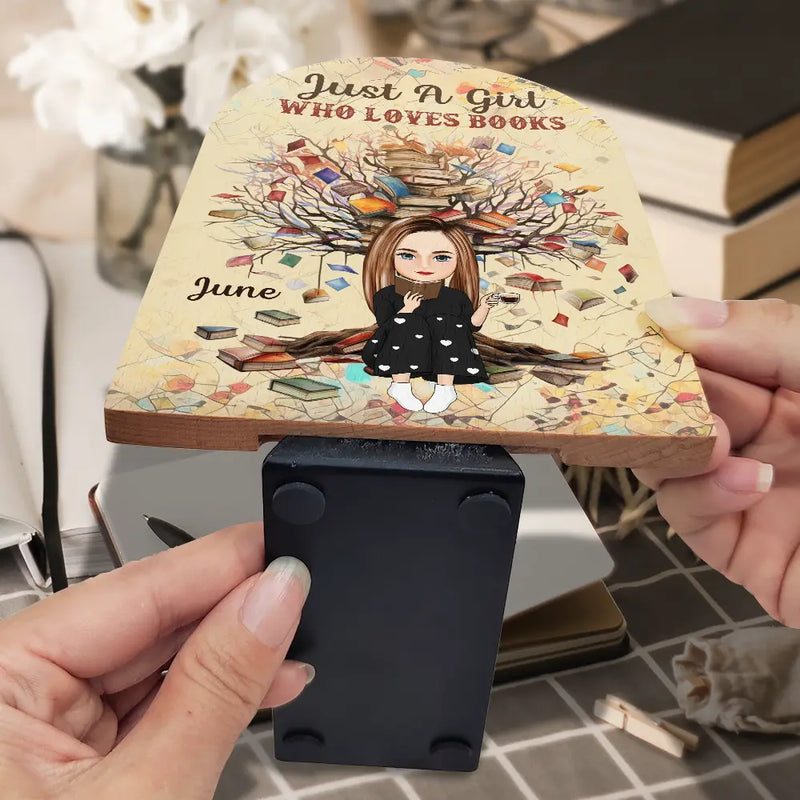 Reading, Happy, Gift For Yourself - Just A Girl Who Loves - Personalized Wood Book Ends
