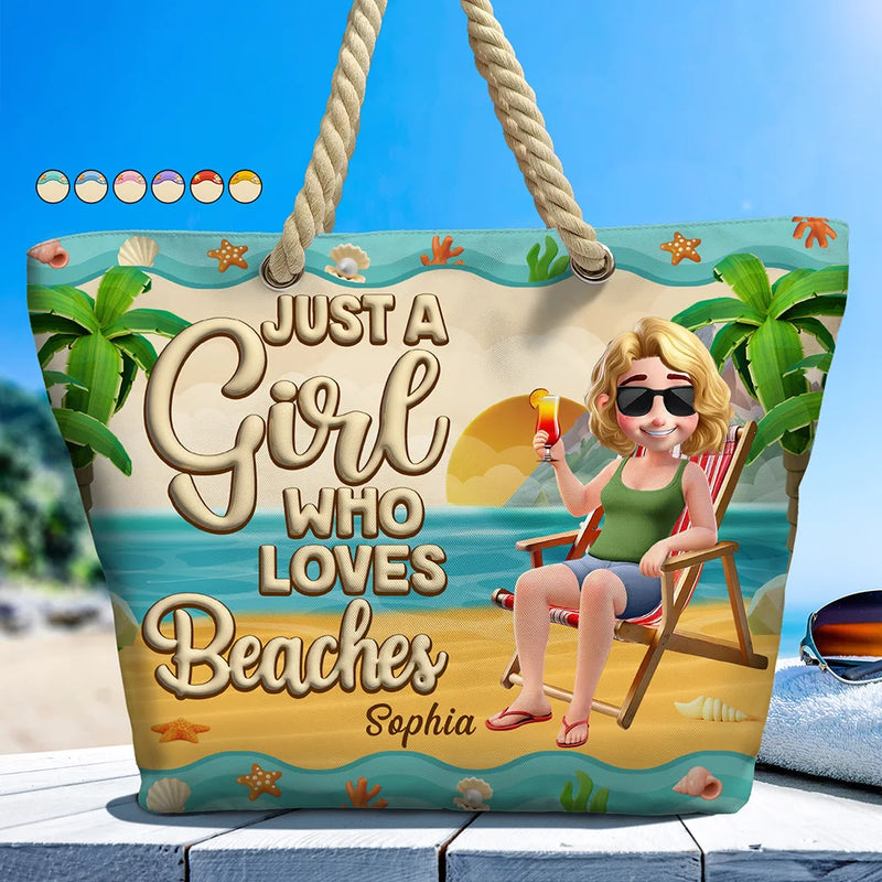 Happy,Gift For Yourself,Gift For Women,Gift For Wife,Gift For Girlfriend,Gift For Mother,Gift For Grandma,Travel,Beach,Swimming - Just A Girl Who Loves Beaches Cartoon - Personalized Beach Bag
